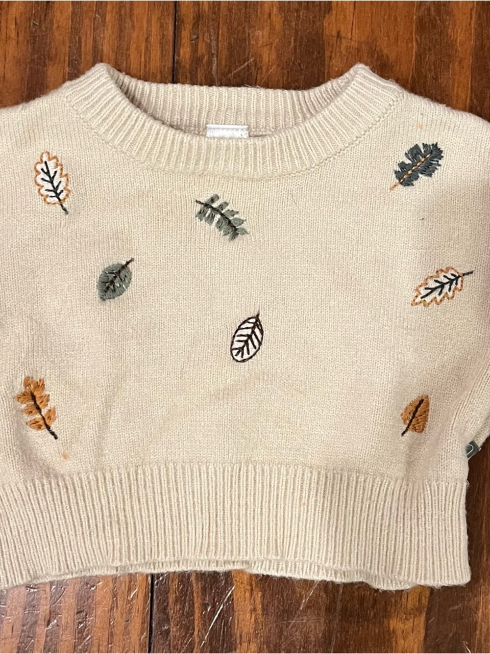 Gerber Cream Crewneck Sweater with Green and Tan Leaf Embroidery